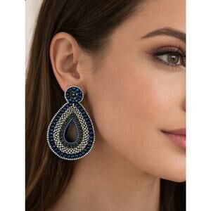 Kay Lee Blue Glass Beaded Blue Oval Earrings New